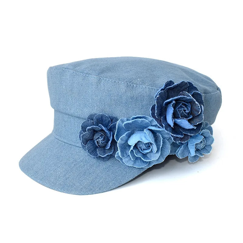 Denim Beret Three-Dimensional Flower Sun Hat