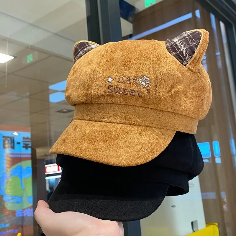 Kawaii Cat Ear Newsboy Cap Faux Suede Women Baker Boy Cap Letter Embroidery Autumn Snap Brim Y2k Hat