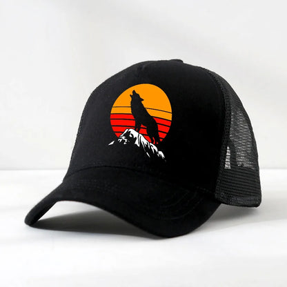 Four Seasons Trucker Cap Men Women Snapback Hip Hop Baseball Cap Sunset Wolf Adjustable Visor Hat Mesh Breathable Hats