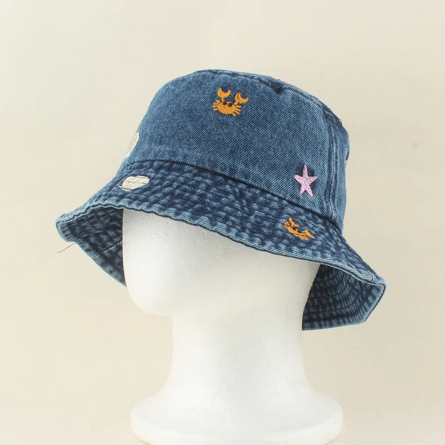 2026 Baby Cute Shell Starfish Crab Embroidery Denim Bucket Hat For Kids