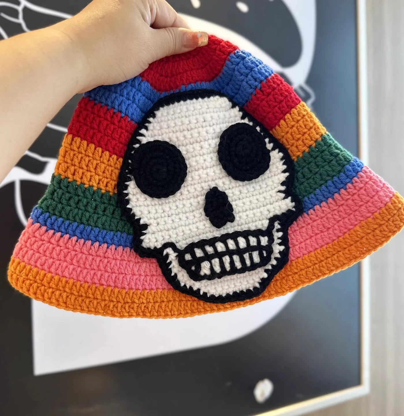 Skeleton Embroidery Fisherman Hat Winter Handmade Crochet Knitted