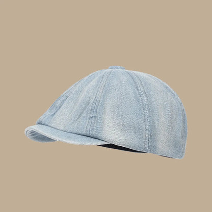 Vintage Washed Denim Newsboy Cap Versatile Short Brim Flat Peaked Hat