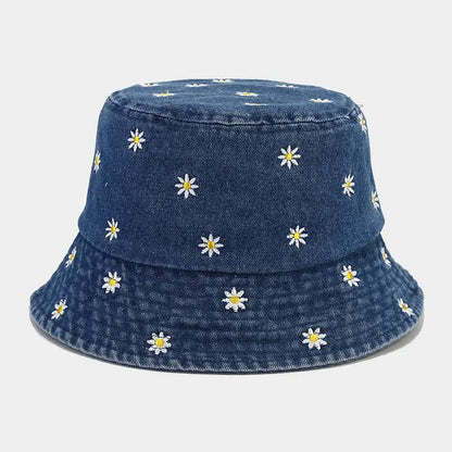 Four Seasons Denim Flower Embroidery Bucket Hat Fisherman Hat Outdoor Travel Sun Cap for Men and Women