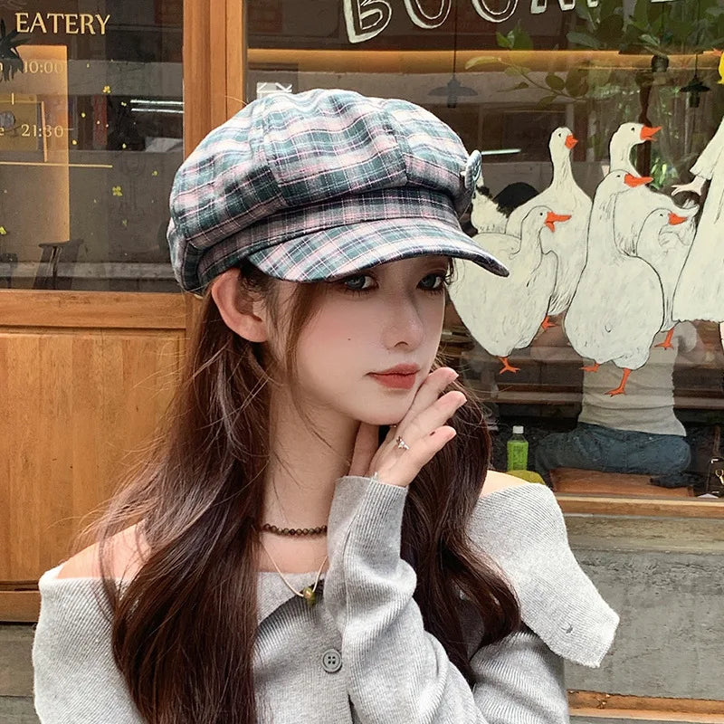 Women College Style Plaid Beret Korean Versatile Face Small Bud Painter Hat