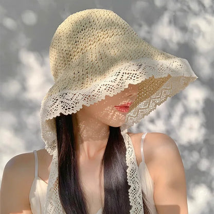 Women's Summer Lace Trim Straw Hat