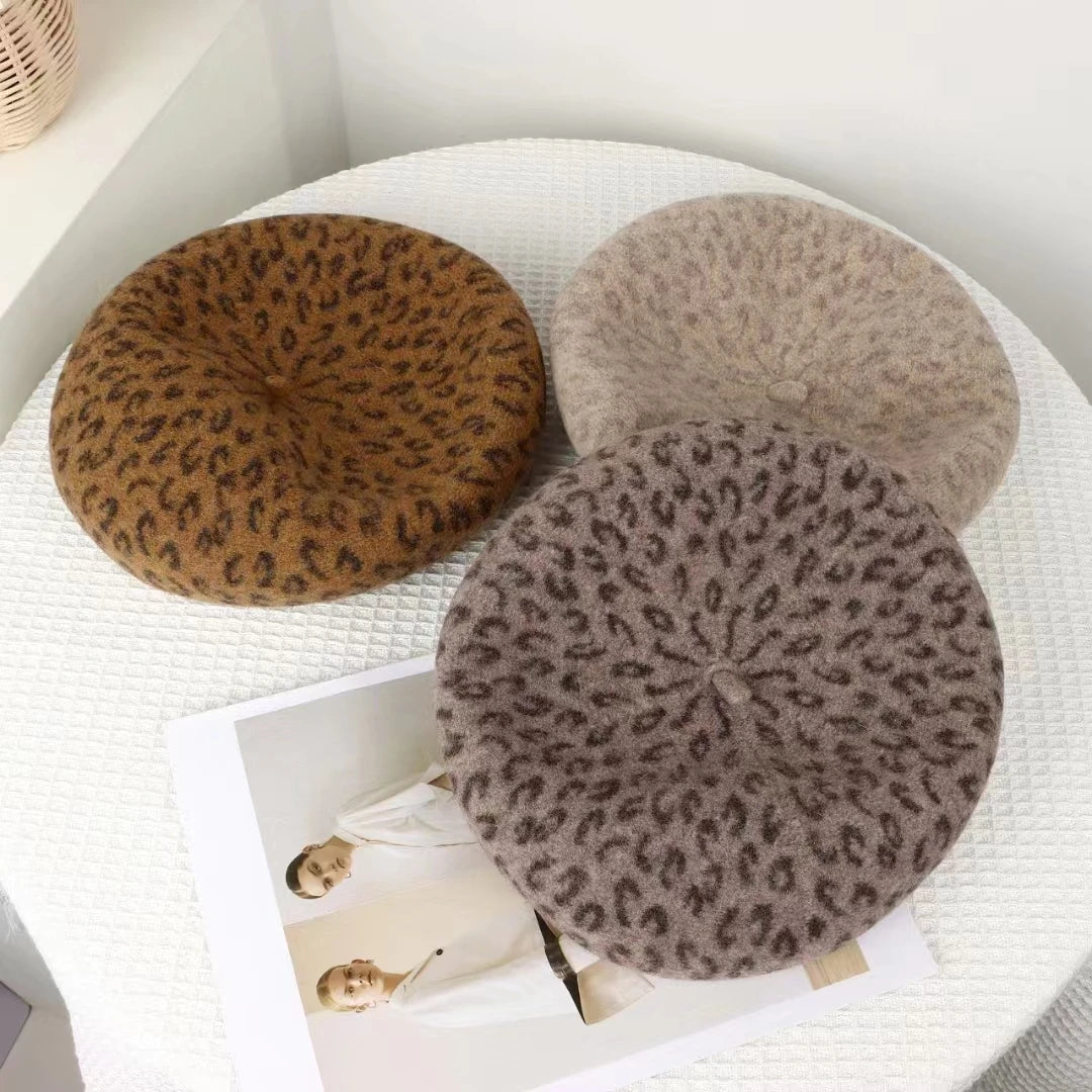 New 4 Colors Leopard Winter Beret Female Cap