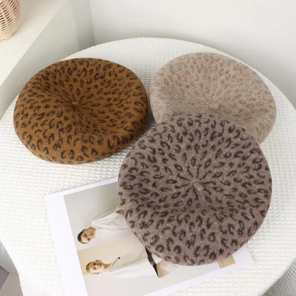 New 4 Colors Leopard Winter Beret Female Cap