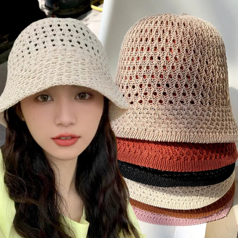 Summer Breathable Hollow Out Knit Bucket Hat Women's