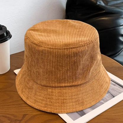 Women Winter Bucket Hat Corduroy Faux Fur Warm Fisherman Cap