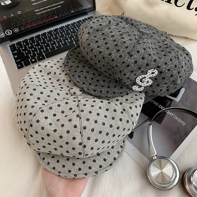 Music Symbol Design Polka Dot Hat Women's White Polka Dot Beret