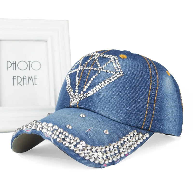 New Women Washed Denim Rhinestone Crown Baseball Cap
