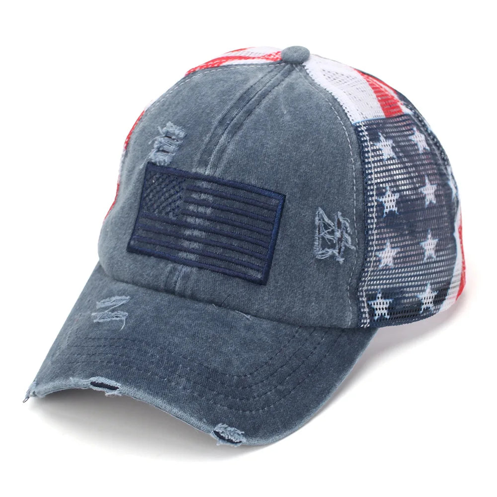 Summer Women Baseball Cap USA Star Print High Ponytail Hats