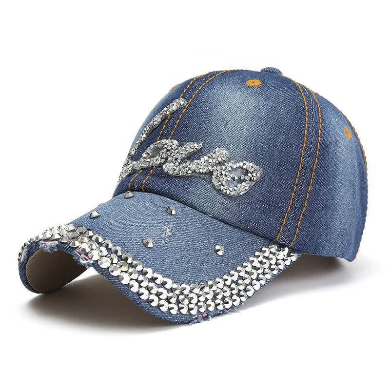 Denim Baseball Cap Women Rhinestone Letter Love Summer Hats