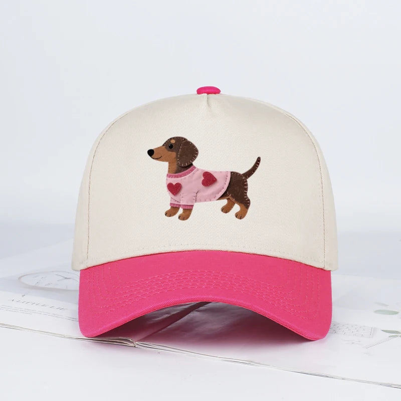Cute Dachshund Heart-Print Color-Block Baseball Cap