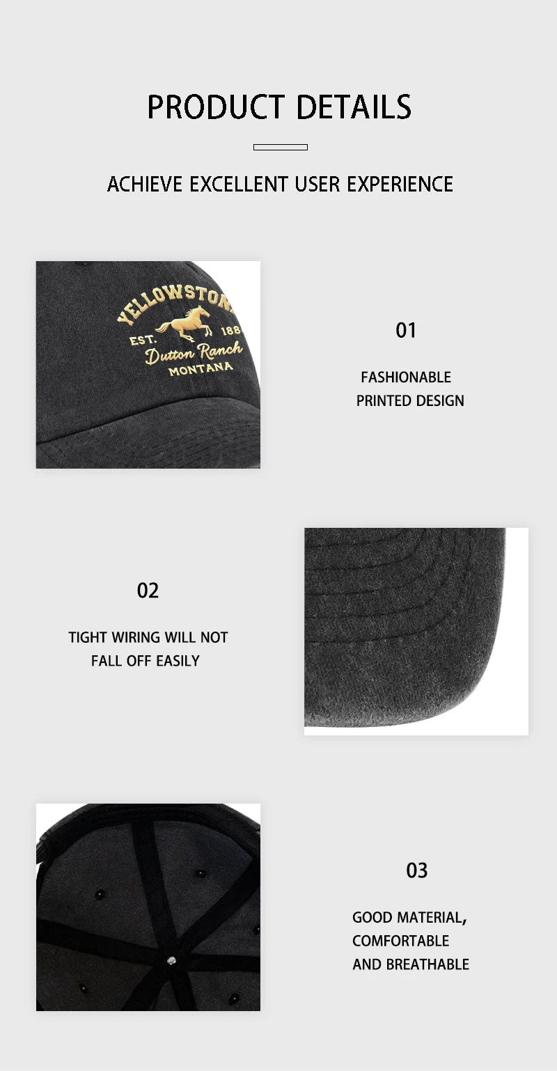Yellowstone Horse Print Washed Baseball Cap Lightweight Breathable Adjustable Unisex Casual Cap