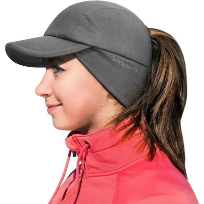 Women's Winter Reflective Fleece Ponytail Hat with Drop Down Ear Warmer Hat Baseball Cap
