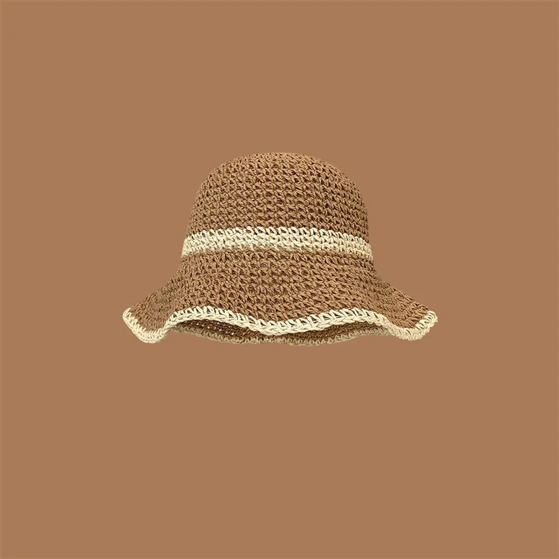 Fashion Wavy Brim Beach Straw Hat Summer Women Foldable Visor Bucket Hat