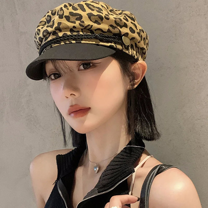 New Women Leopard Beret Hat Vintage Octagonal Cloud Pumpkin