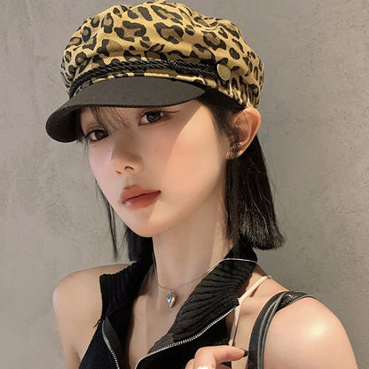 New Women Leopard Beret Hat Vintage Octagonal Cloud Pumpkin