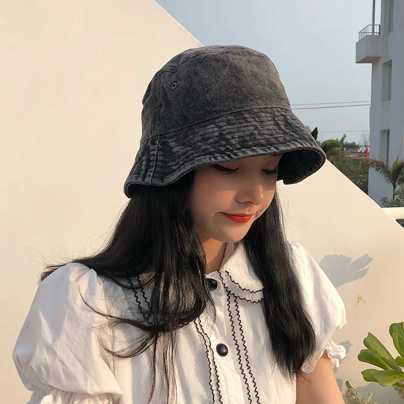 Washed Denim Bucket Hat Girls Lady Panama Sun Hat Bob Caps
