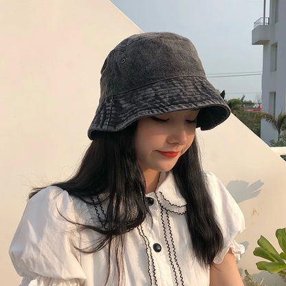Washed Denim Bucket Hat Girls Lady Panama Sun Hat Bob Caps