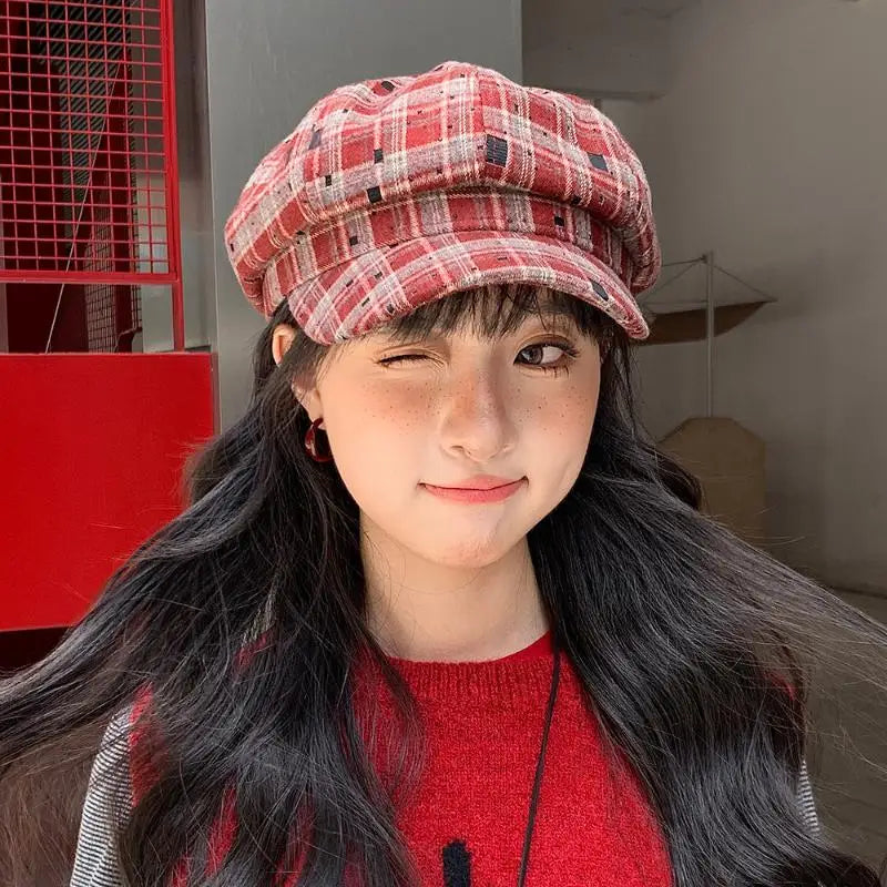 Hot Sale Retro Contrasting Color Plaid Berets For Women