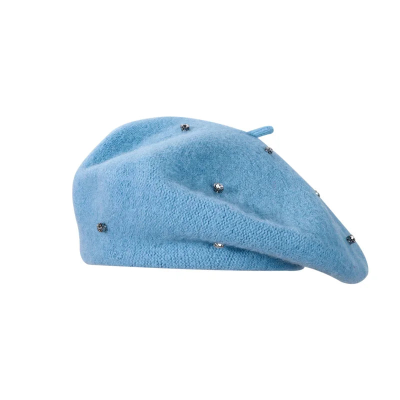 Rhinestone Women Beret Hat Autumn Winter Vintage French Artist Cap