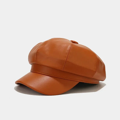 Four Seasons Pu Solid Beret Octagonal Cap Painter Hat