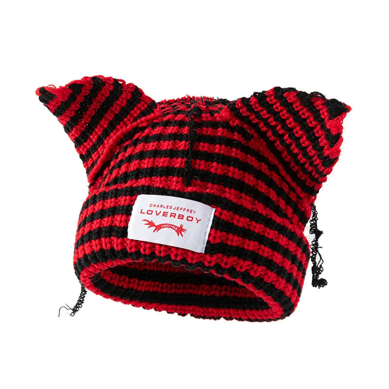 Winter Skullies Hat Unisex Cat Ear Hat Warm Crochet Knitted Hat
