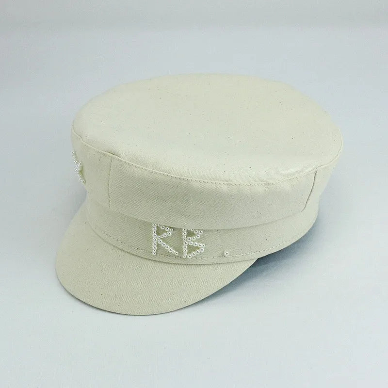 Luxury Women Pearls RB Letter Militray Hat Fashion Streetwear Navy Hat