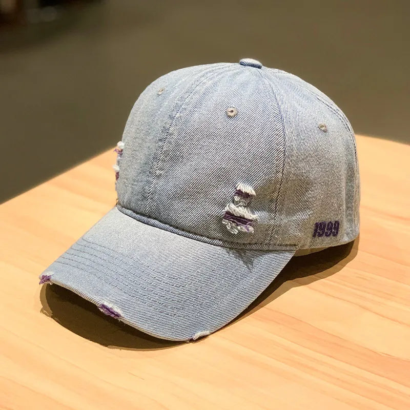 Retro Solid Color Denim Baseball Cap Personalized Fashion Hole Do Old Cap