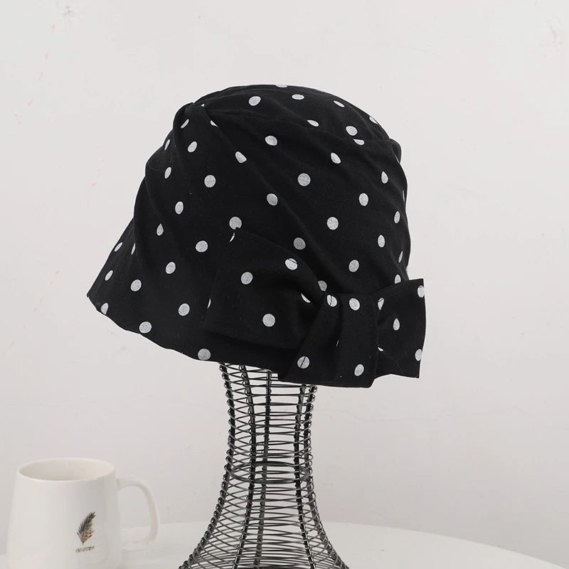 Dot-Patterned Equestrian Hat With Brim English-Style Black And White Beret