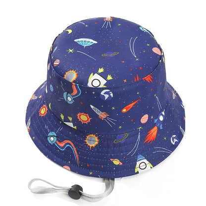 Kids Summer Sun Protection Cap Spaceship Planet Print Bucket Hat