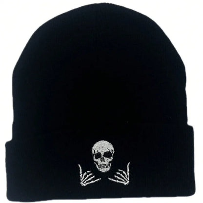 Unisex Winter Warm Skull Embroidery Knit Beanie Hat