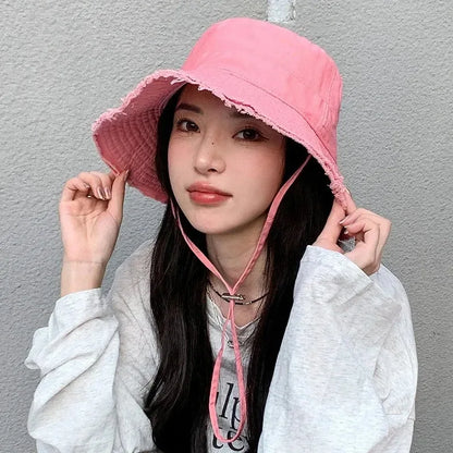 Women Korean Pink Large-Brimmed Bucket Hat