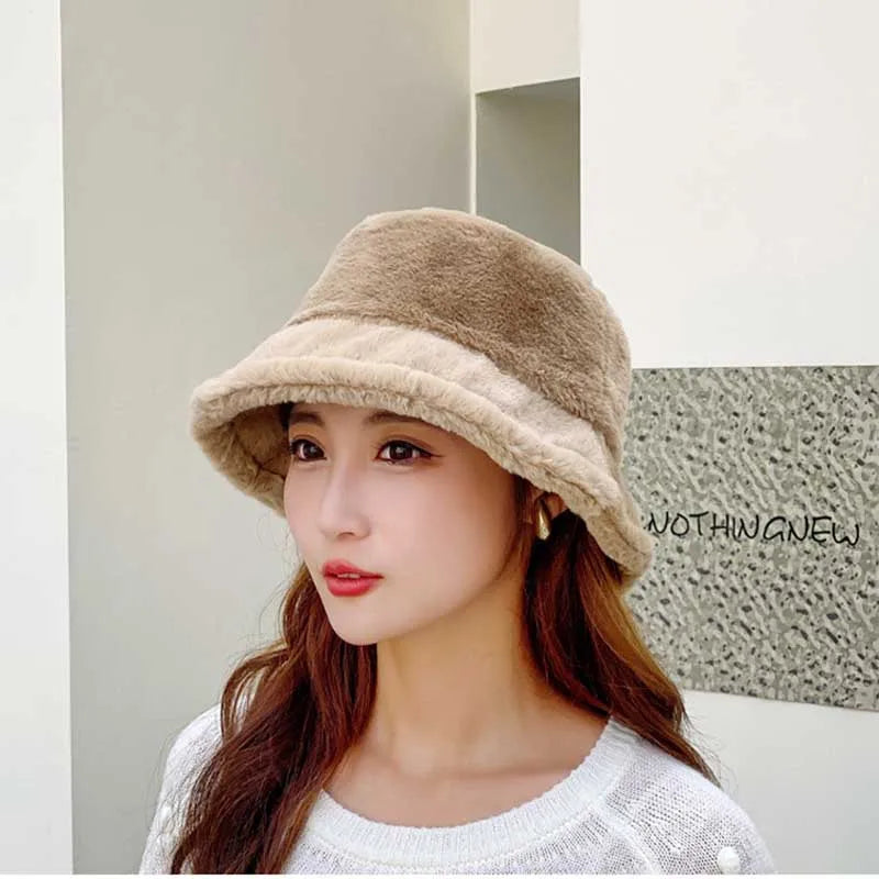 Korean Lamb Faux Fur Bucket Hat Lady Winter Warm Soft Panama Hat