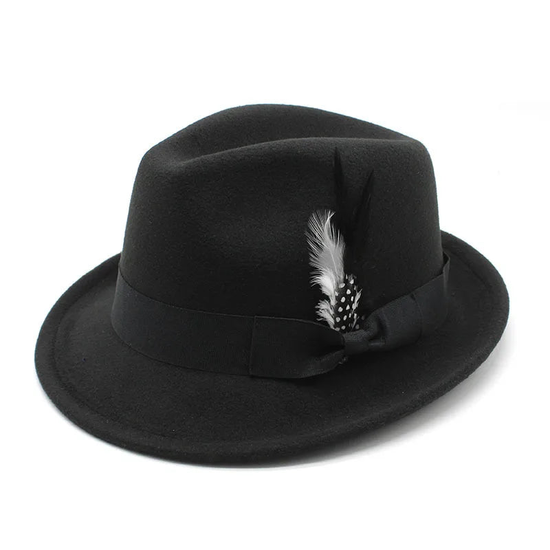 Men's Fedora Hat Felt Feather Decor Western Style Soft Brim Gentleman