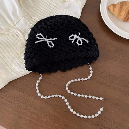 Pearl Bow Pendant Hollow Handmade Knitted Pullover Hat Street Korean
