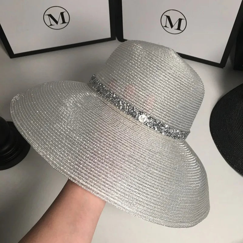 Woolen Rhinestone Solid Color Basin Hat Leisure Outdoor Beach Sun Hat