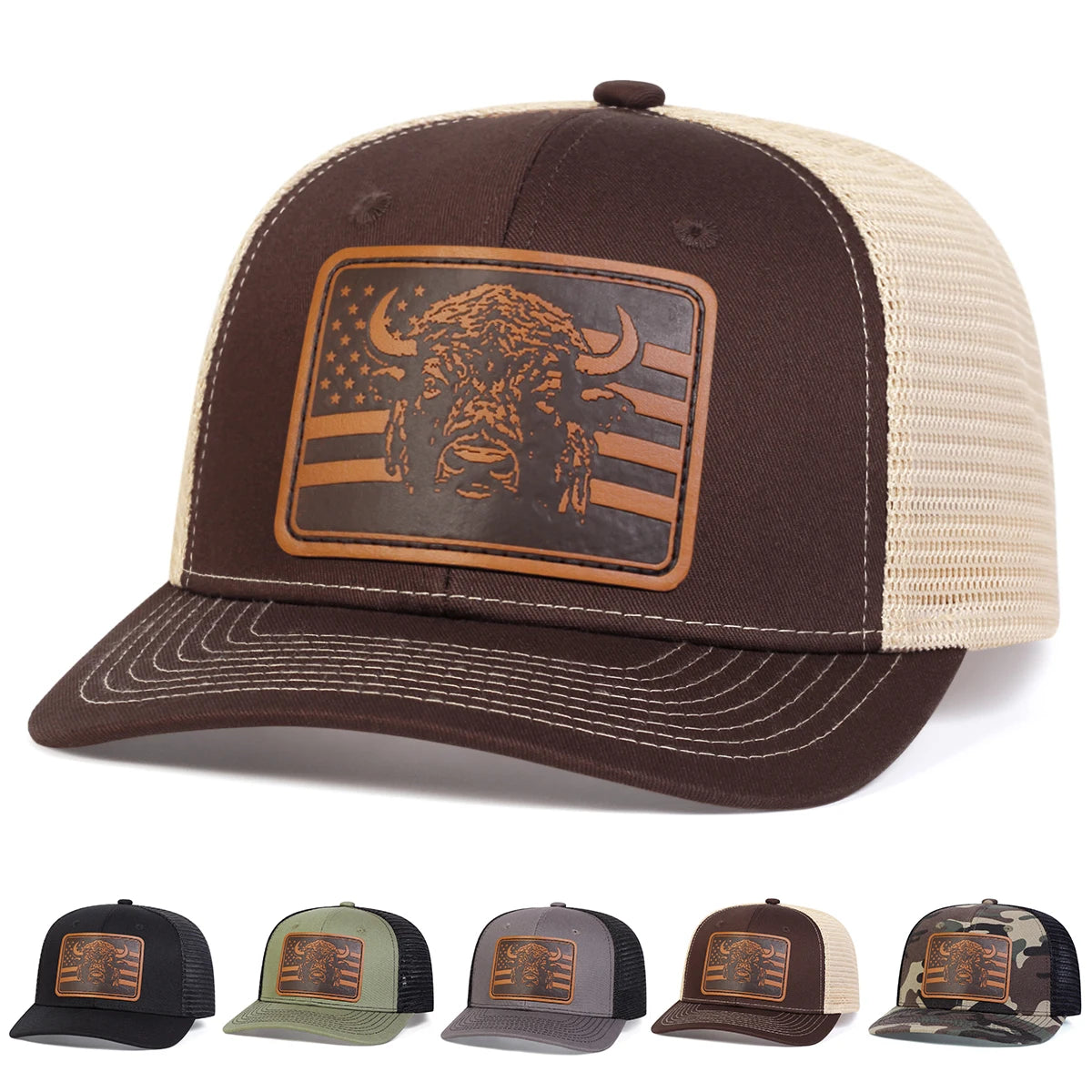 Unisex Brown Flag Bull Head Leather Label Baseball Net Caps Spring And Summer