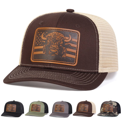 Unisex Brown Flag Bull Head Leather Label Baseball Net Caps Spring And Summer