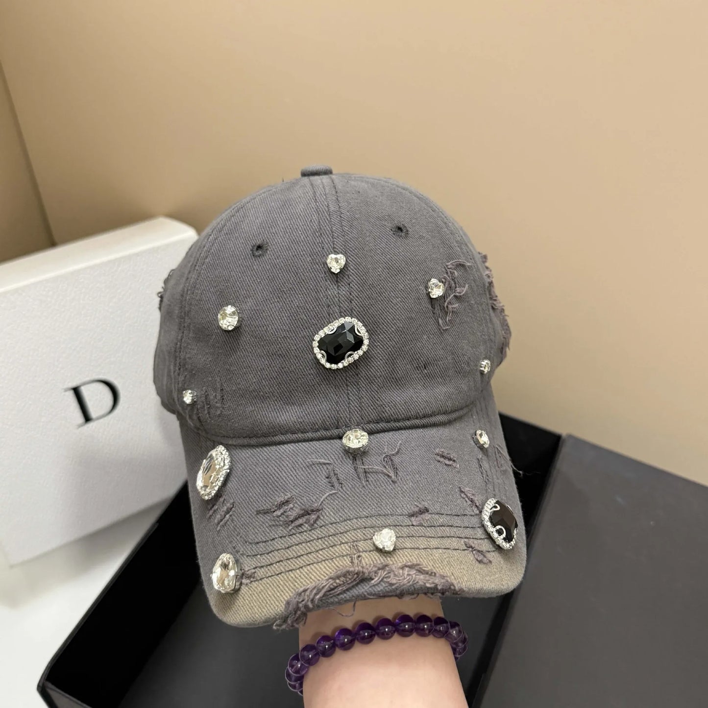 Luxury Rhinestone Hole Cotton Washed Baseball Cap