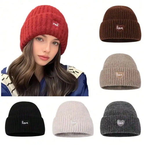 Love Heart Embroidered Woolen Hat Warm Ear-Protecting Cold Hat