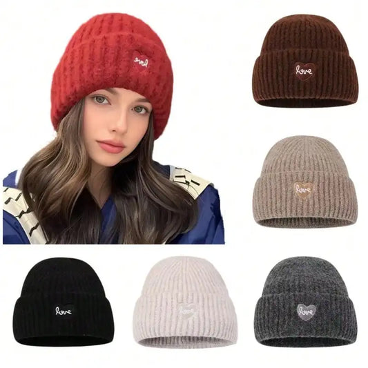 Love Heart Embroidered Woolen Hat Warm Ear-Protecting Cold Hat