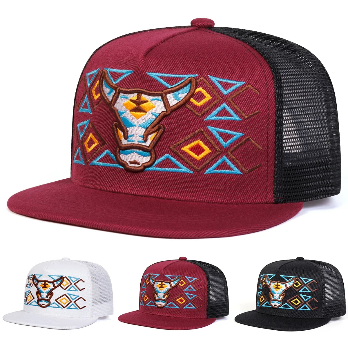 Unisex Ox Head Embroidery Hip-hop Net Hats Spring Summer