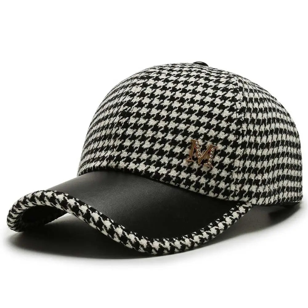 Pu Leather Brim Houndstooth Baseball Cap Face Cap Korean Style Hat