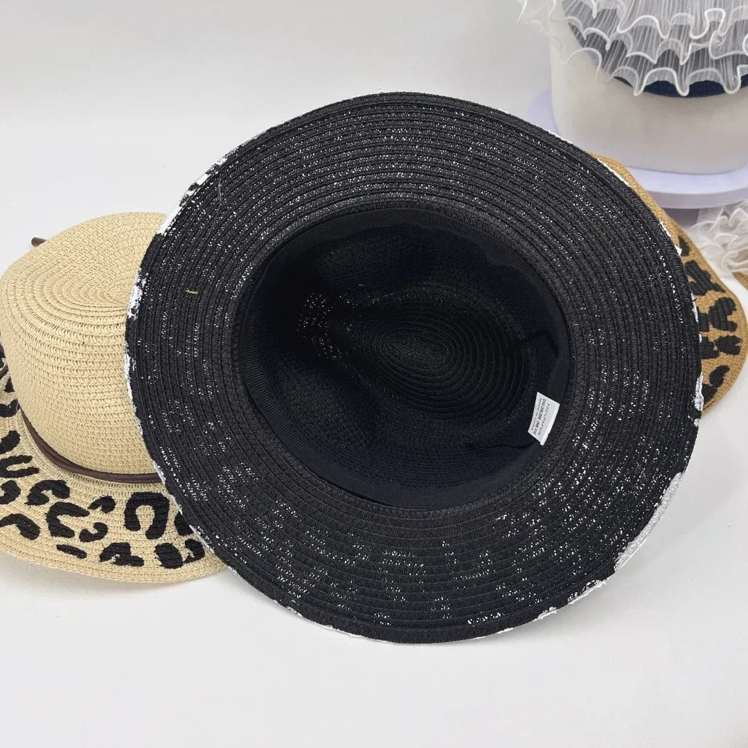 Leopard Print Foldable Straw Hat Women Summer Wide Brim Sun Hat