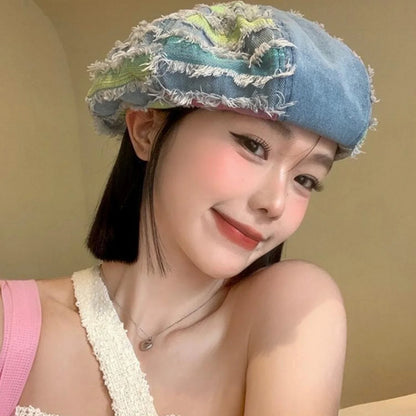 Women Washed Denim Beret Hat Fashion Patchwork Hole Octagonal Cap