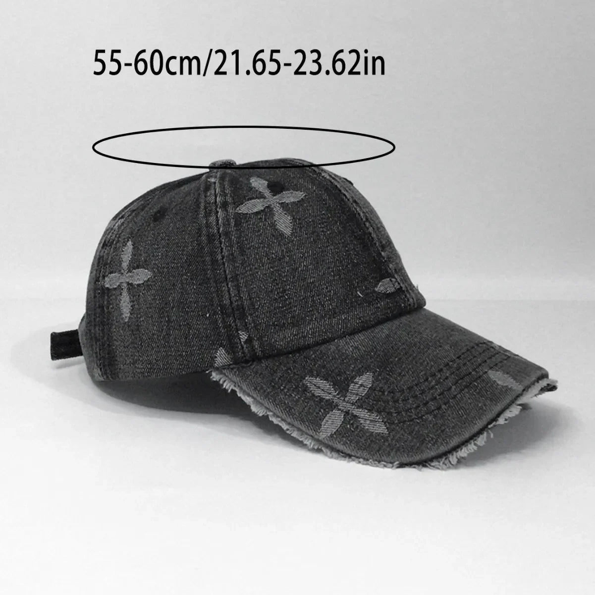 Cross Denim Baseball Cap With Jacquard Fringe, Vintage Distressed, Cropped Edge Cap