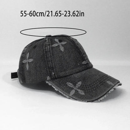 Cross Denim Baseball Cap With Jacquard Fringe, Vintage Distressed, Cropped Edge Cap